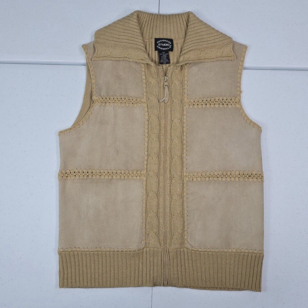Designers Studio Originals Vintage M Khaki Leather Patchwork Sweater Vest 90s